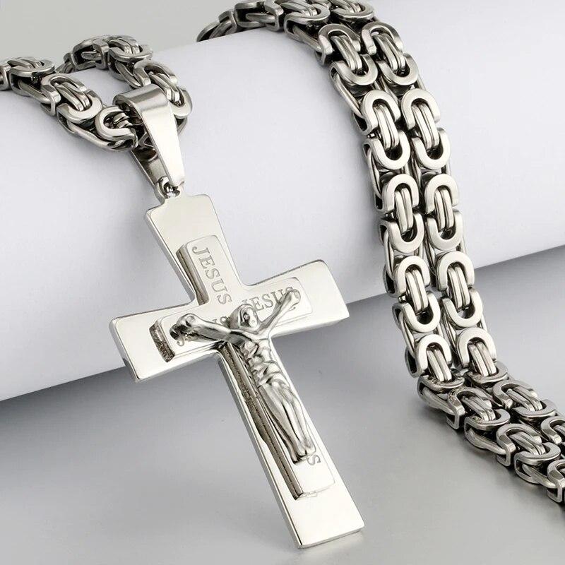 Catholic Jesus Christ Cross Pendant Necklace Stainless Steel Long Byzantine Chain Crucifix Cross Necklace