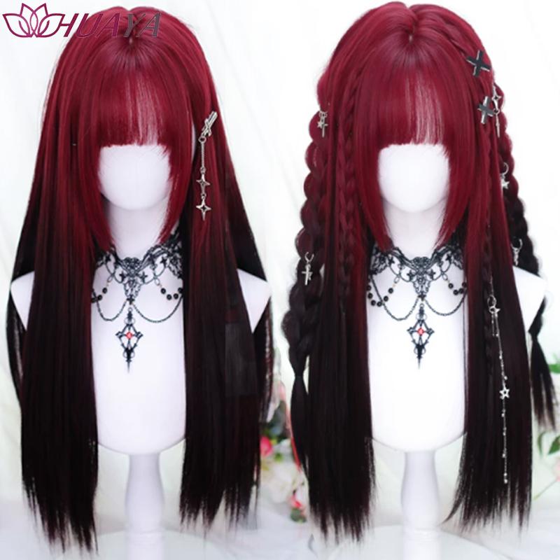 Parrucca Lunga Dritta Ombré Rosso-Nero per Halloween, Fibra Sintetica con Frangia, Parrucca Cosplay Facile da Indossare per Donne