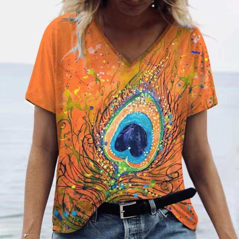 Summer V Neck Women T-Shirts 3D Print Peacock Feather Graphic Fashion Short Sleeve Harajuku Y2k Top Oversized Casual Female T Shirt