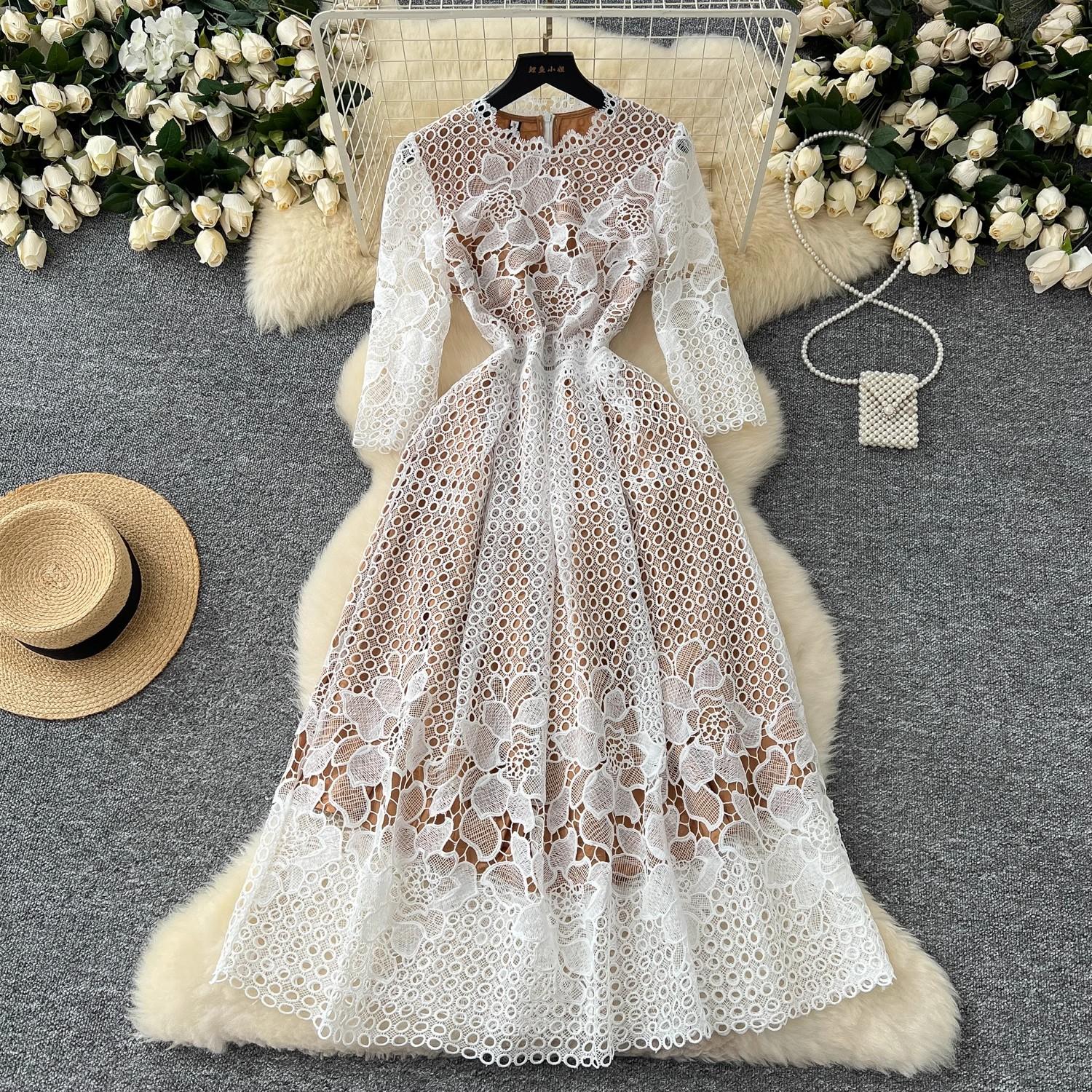 

Осеннее винтажное кружевное платье с цветочной вышивкой и вырезом, женская одежда, элегантные однотонные женские свадебные длинные платья миди для вечеринок XXL белый