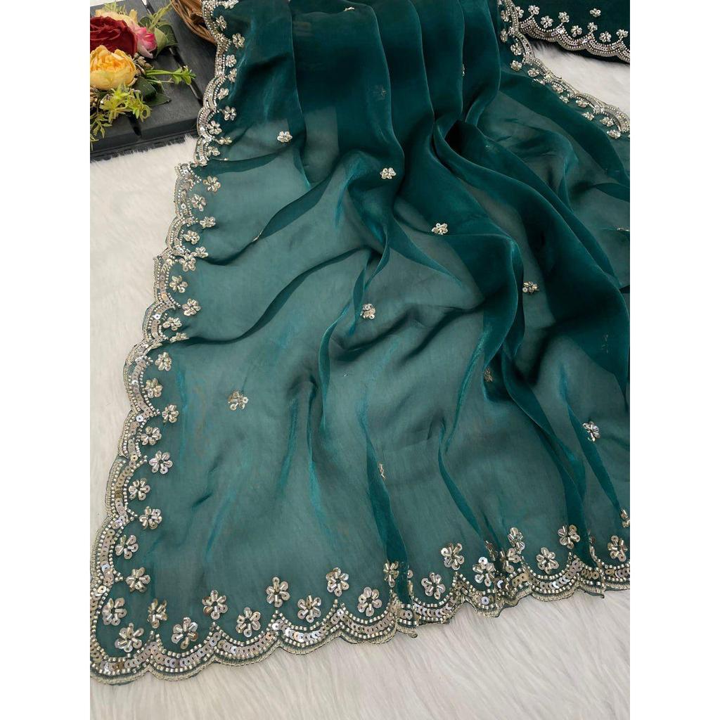 Latest New Wedding Wear Saree Heavy Embroidery Real Wal & Moti With Sequence Work*