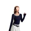 Women's Slim-Fit U-Neck Dark Blue Two-Piece Look Long-Sleeve T-Shirt - Korean Style Autumn