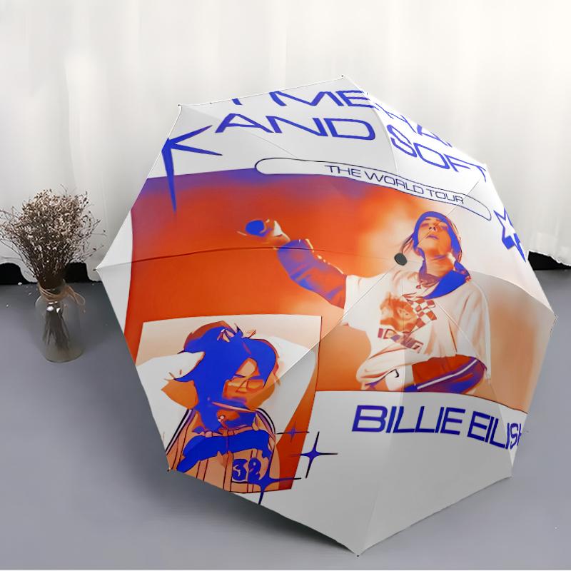 Singer Billie Eilish1 Print Automatic Umbrella, 8 Rib Iron Frame, Plastic Handle, Suitable for Outdoor Travel &Daily , Ideal Gift