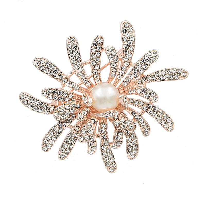 High Grade Delicate Crystal Inlaid Sweet Chrysanthemum Brooch Pearl Brooch Collar Pin Pin Clothing Accessories