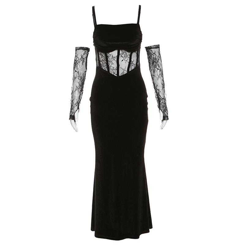 European and American style 2026 spring and summer new women's clothing solid color slim fit high waist fashion one-word collar suspender dress women