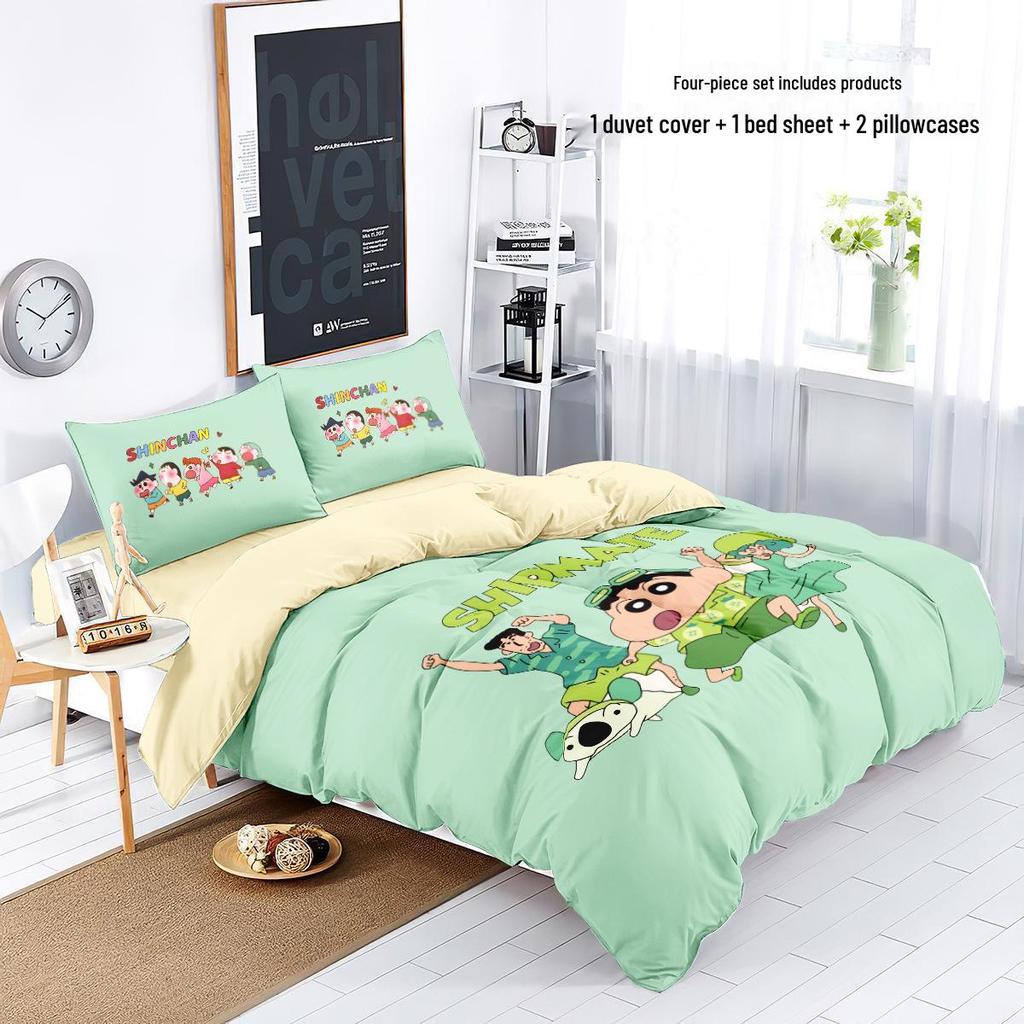 Crayon Shin-chan Cartoon Print Pure Cotton 4-Piece Duvet Cover & Bed Sheet Set for Kids' Dormitory.
