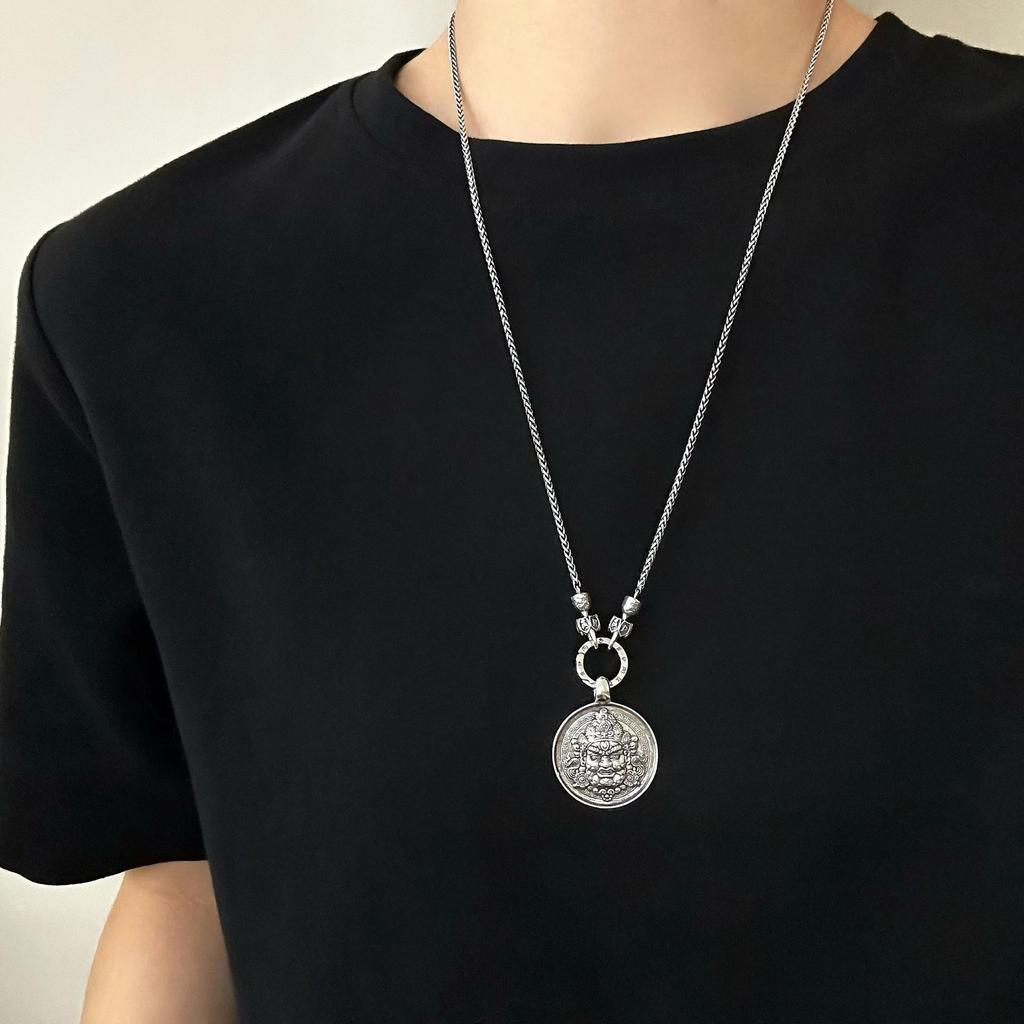 S925 Sterling Silver Double-Sided Yellow Wealth God Pendant - Ethnic Style Trigrams Amulet for Men