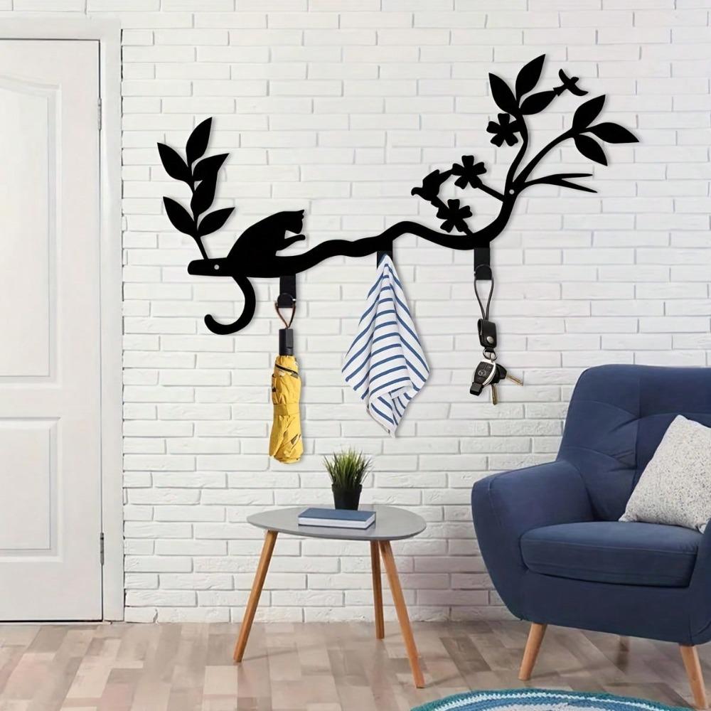 Bohemian Style Cat Key Holder Wall Hooks Bird Perch Key Organizer Metal Art Home Decor