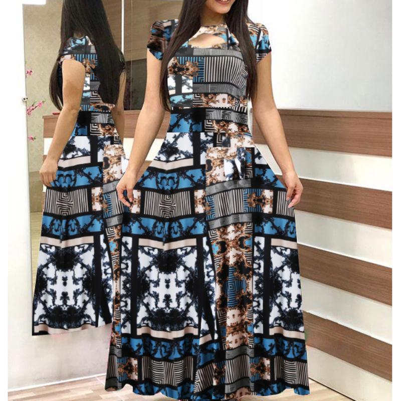 GMXIA Böhmisches Kleid mit Blumenmuster, kurzen Ärmeln, für Damen, Herbst/Winter, lange Kleider, Rundhalsausschnitt, großer Schwung