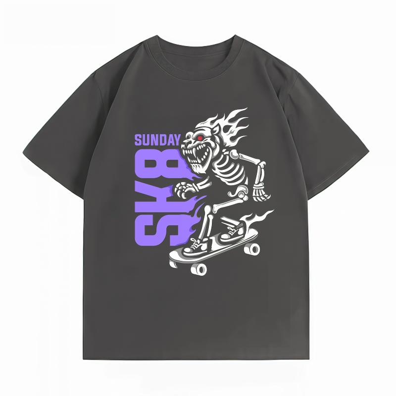 Unisexs 100 Cotton Summer New TShirt Skeleton Skateboard SUNDAY SK8 Print Streetwear Skate Casual Short Sleeve Tops