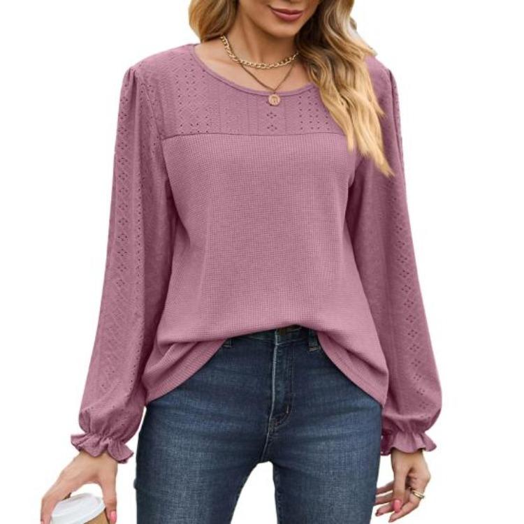 Breathable Mesh Long Sleeve Tops for Women Solid Color Puff Sleeve T Shirt Round Neck Casual Daily Wear