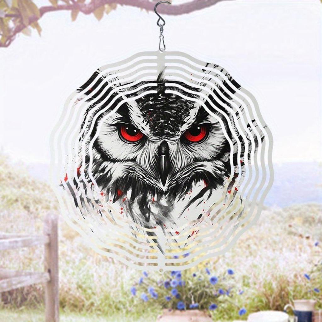 Metal Owl Wind Chime with Rotating Design for Outdoor Garden Yard Decoration Bird Repellent Hanging Spinner Art
