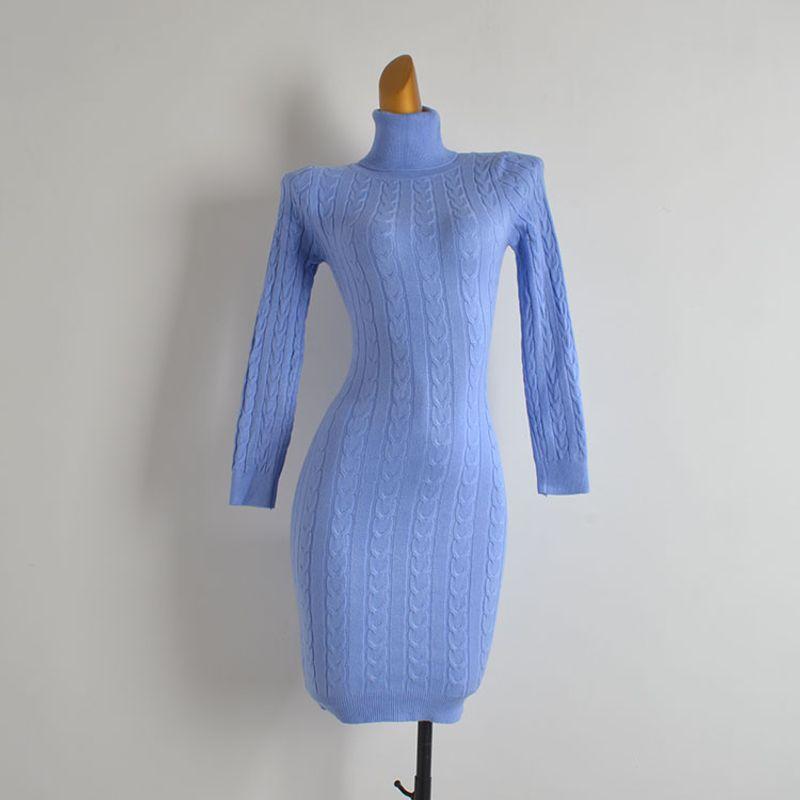 

Autumn and Winter Solid Color Retro Twist Turtleneck Knitting Dress Women s Clothing Silm Slim Looking Mid Length Long Length Bodycon Dress Light blue All yards