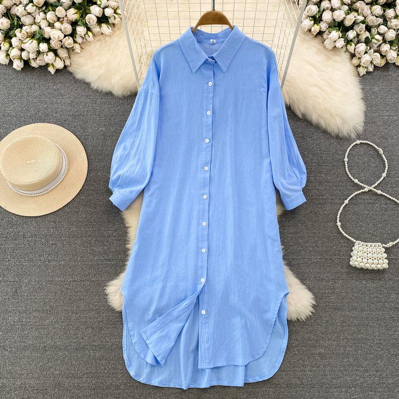 

Chic South Korea Long Sleeves Casual Loose Dress Shirt Blue All yards