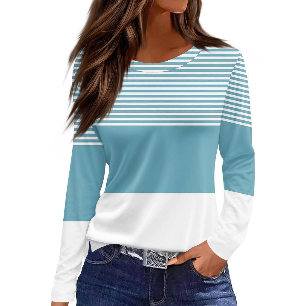 Women's 3D Gradient Stripes Solid Color Printed T-Shirt Fashion Long Sleeves Crew Neck Regular Top Holiday Weekend Spring Autumn