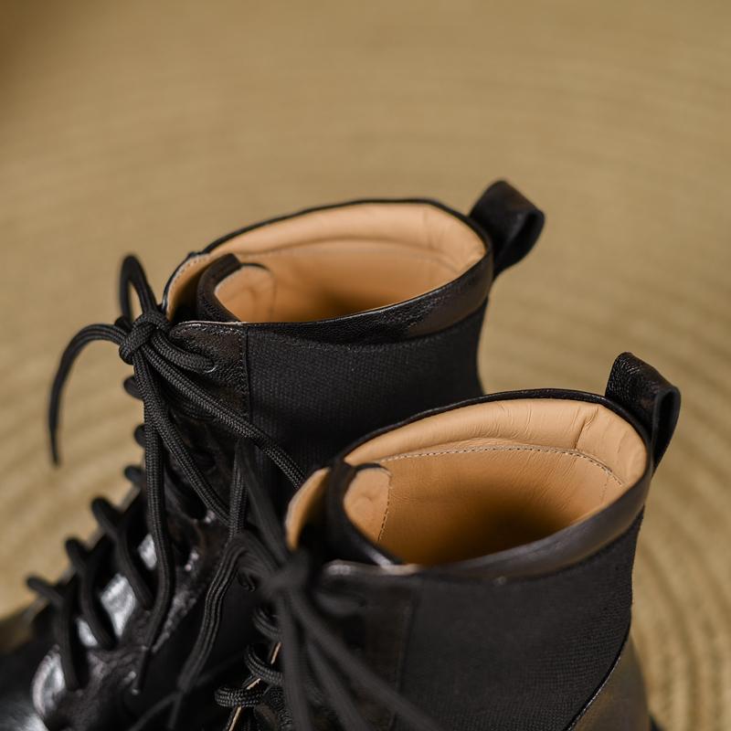 Fashion Women's new autumn and winter round toe leather sheepskin thick soled lace up and calf mid heel plus size retro short boots