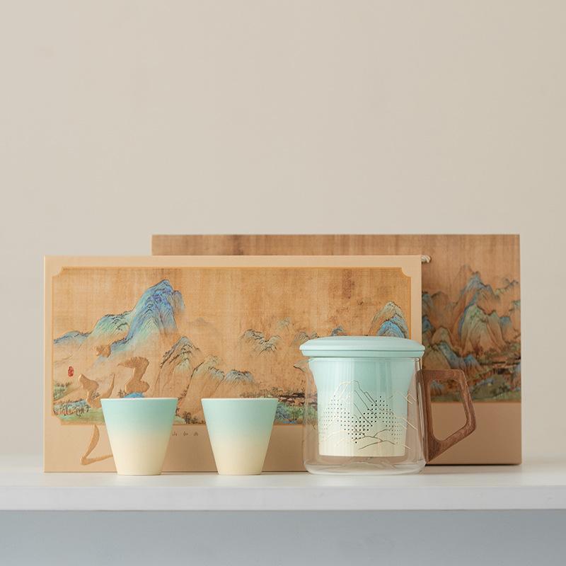 Jiangshan Glass Kuaike Cup, one pot and two cups of portable teacups, office tea separation cup gift box set
