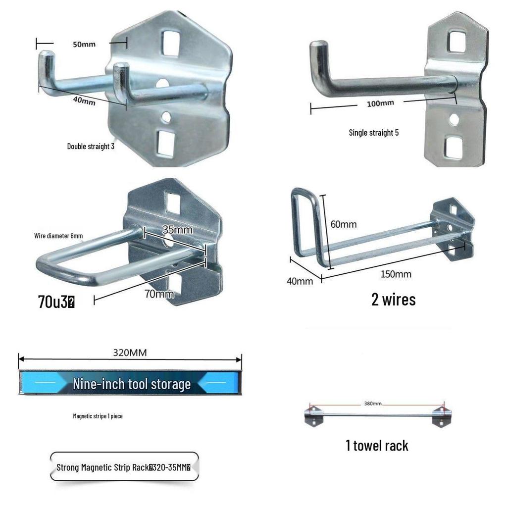Square Hole Shelf Tool Rack with Hooks for Screwdrivers & Magnetic Strip