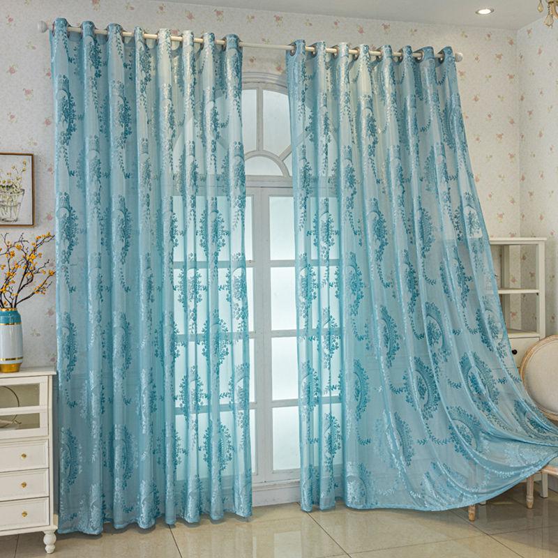1pc Embroidery Beige Tulle Curtains for Living Room Blue Elegant Floral Voile Window Sheer Fabric Bedroom Curtains Drapes Home Decor
