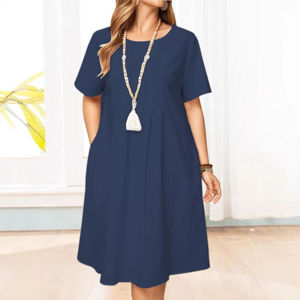 

Женская мода лето весна однотонный принт О-образный вырез высокая талия повседневные платья XXL темно-синий