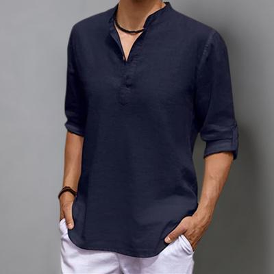 Men Summer Shirt Long Sleeve Breathable 5 Sizes Beach Party Dating Men Flax Henley Shirt for Street Wear