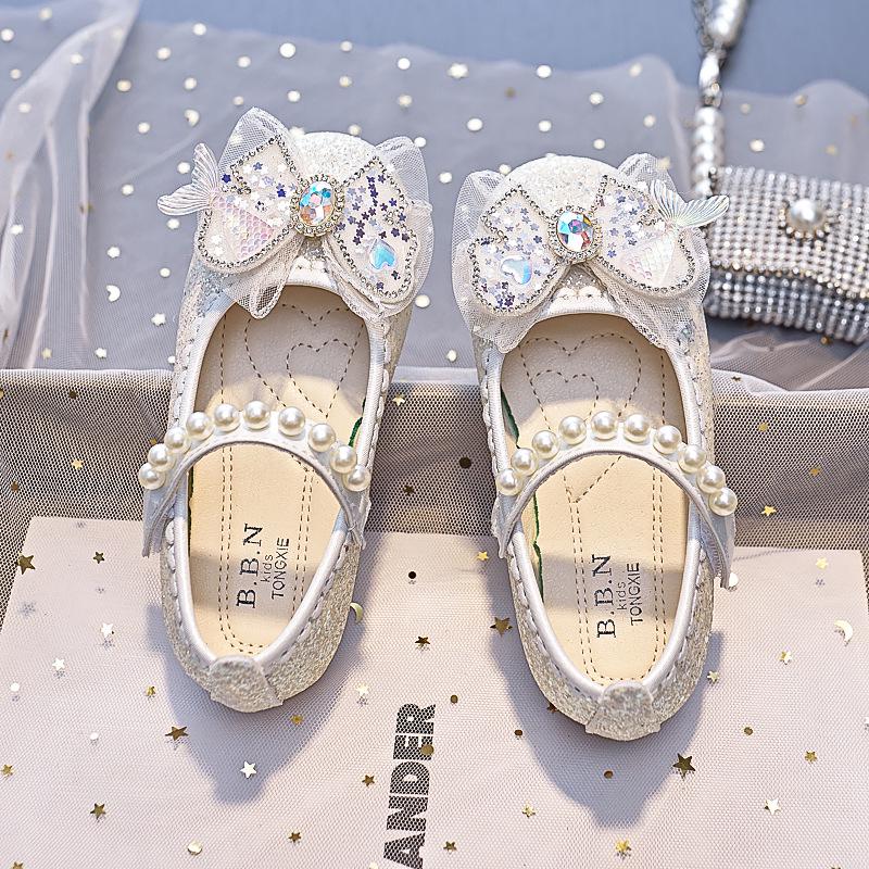 Girls' Fishtail Bow Leather Shoes - Autumn 2025 New Arrival Princess Style, Soft Sole with Pearl Detail