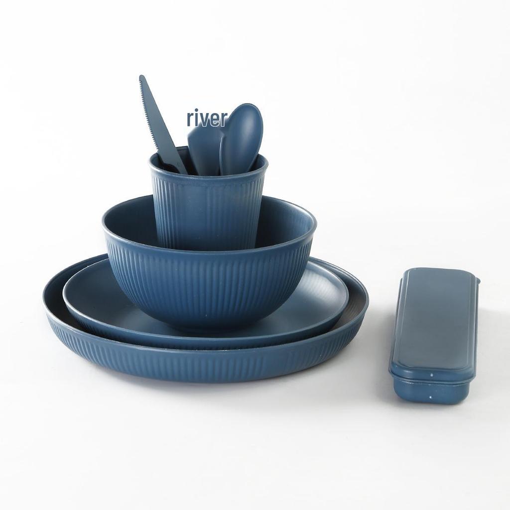 16-Piece Wheat Straw Dinnerware Set: Includes Plates, Rice Bowls, Cups, Spoons, and Forks.