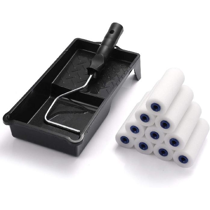 Foam Paint Roller, Roller Frame with 4-Inch Mini Paint Roller Cover Refills with Foam-Covered Ends, High-Density Foam Paint Tray Set for Room Home