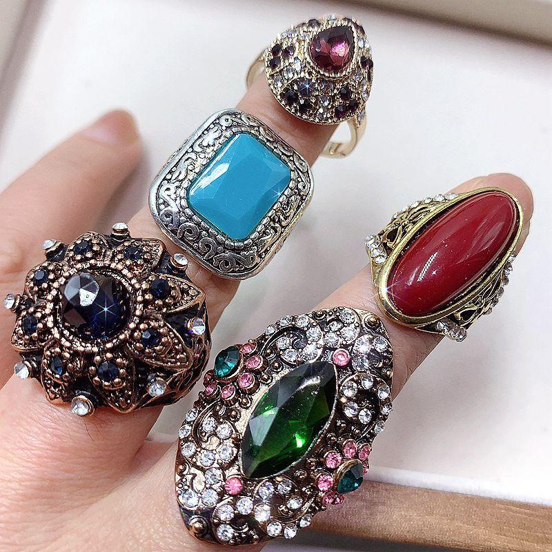 10Pcs retro exaggerated turquoise ring fashionable pearl ring jewelry