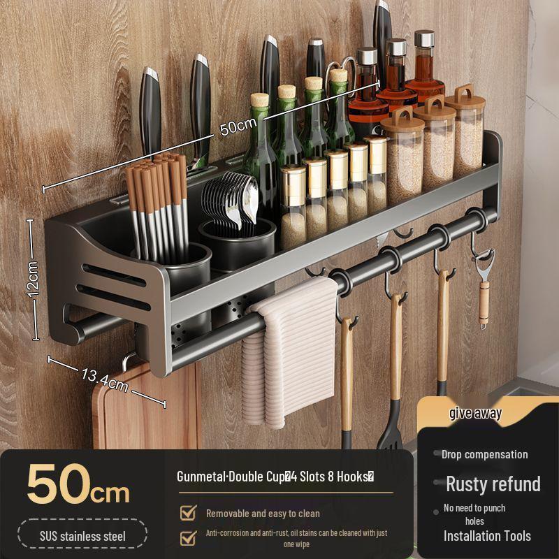 Stainless Steel Wall-Mounted Kitchen Rack with Chopstick, Knife, and Spice Storage