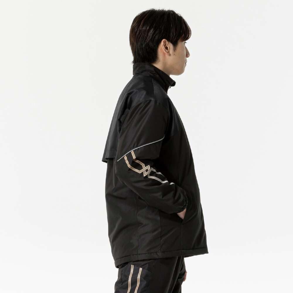 Mizuno Breath Thermo Training Warmer Jacket with and Windproof Black and Gold MC-LINE Wear, Moisture-Wicking, Heat-Generating, Water-Repellent,