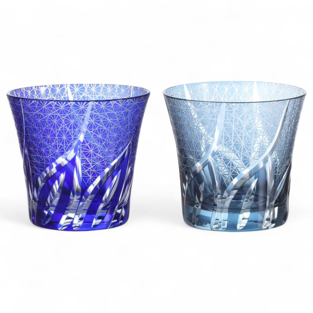 Mizukage Kiriko Pair Glass Cups 240cc Random Carving Small Pattern Blue Ink Blue with Engraved Base Bishou Current Model J-kitchens 94xH85mm &