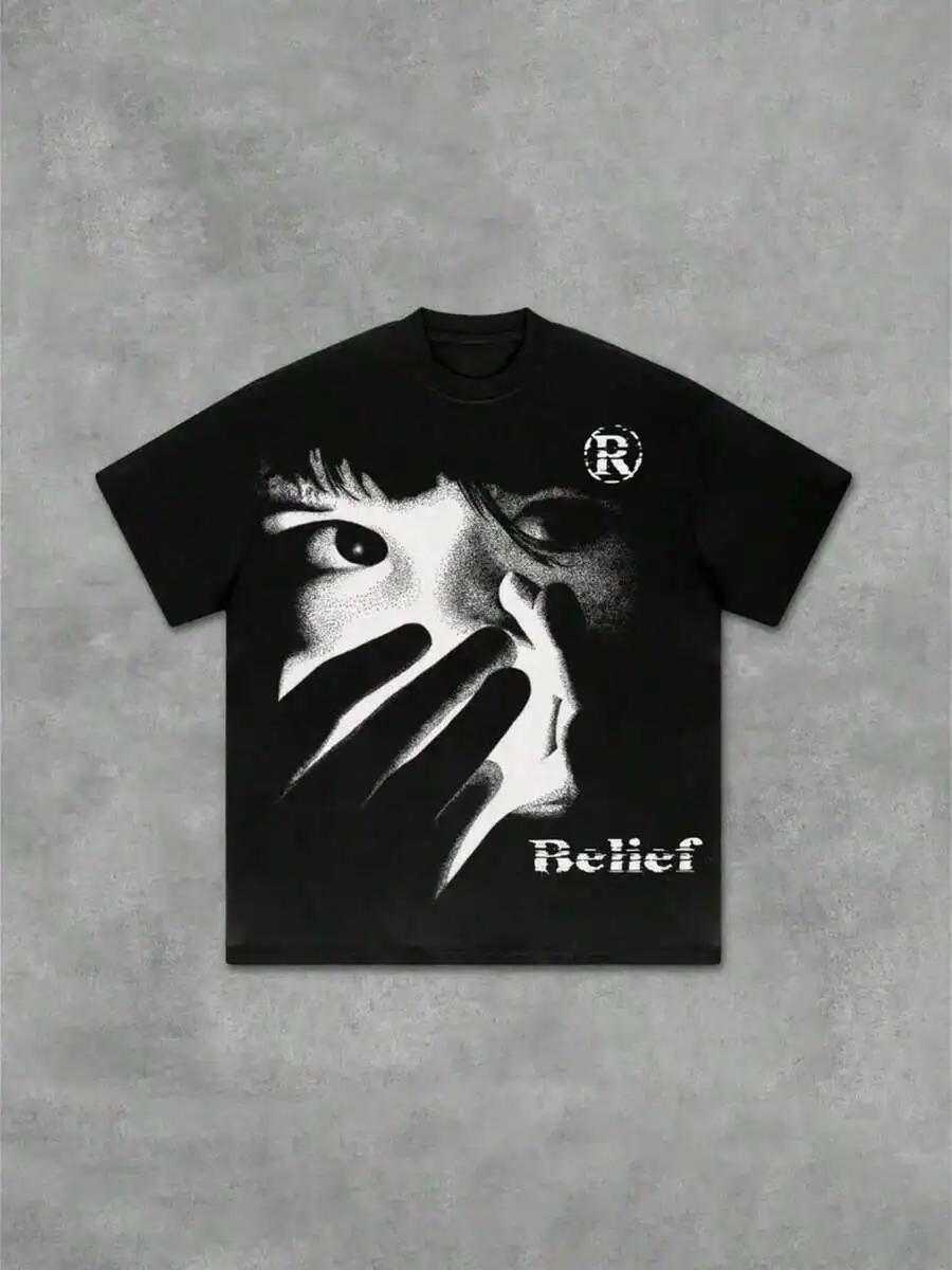 1 Pcsy2k Style Print Tee Shirt Cotton Tshirt Y2k Style With Black T Shirt With Abstract Face S