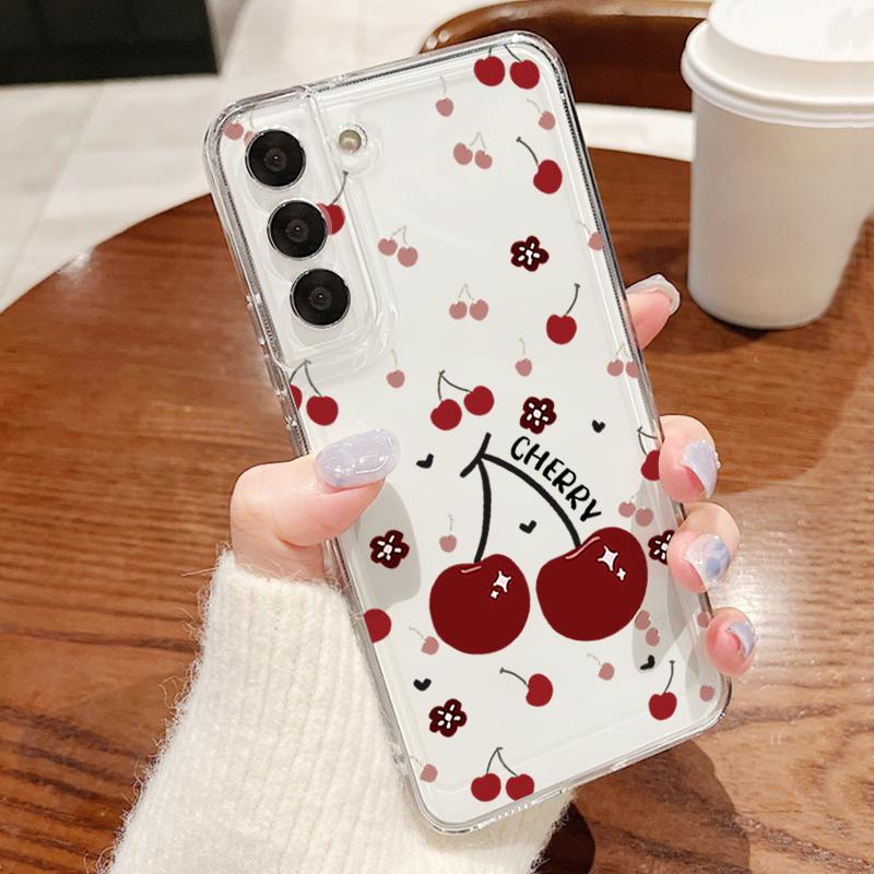 Cherry Bowknots Case For Samsung A57 S26 Ultra A37 A17 A56 A36 A26 A16 A55 A35 A25 A15 A54 5G S21 FE S22 S23 S24 S25 Plus Clear TPU Soft Cover
