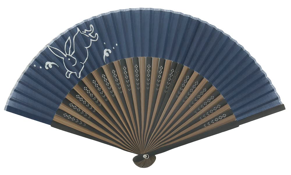 Onishi Ken Seihan Cotton Monotone Print Folding Fan, 22.5cm, Wave Rabbit Design, Navy Blue, "Ripple" S22-MCMP02