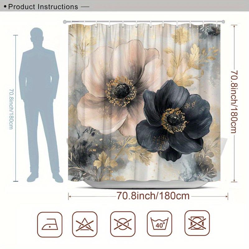 1 Elegant Floral Shower Curtain, Beige and Black Poppies, Gold Center, Grey and White Background, With Hooks, Polyester Fabric