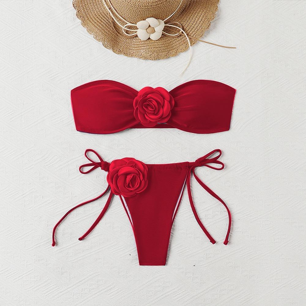 European and American Solid Color Rose Tube Top Bikini Drawstring Strap Split Swimsuit