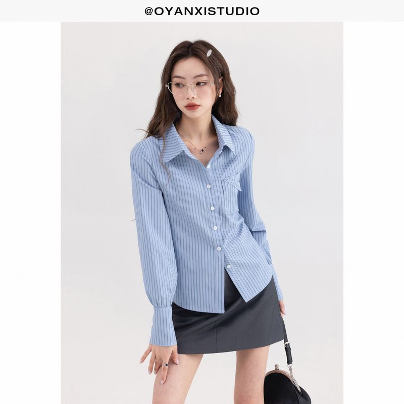 

In Stock Ouyang Xi Minimalist Blue Stripes Polo Collar Tops Slim Looking Shirt Outfit Gray Blue(Shirt (In Stock)) S