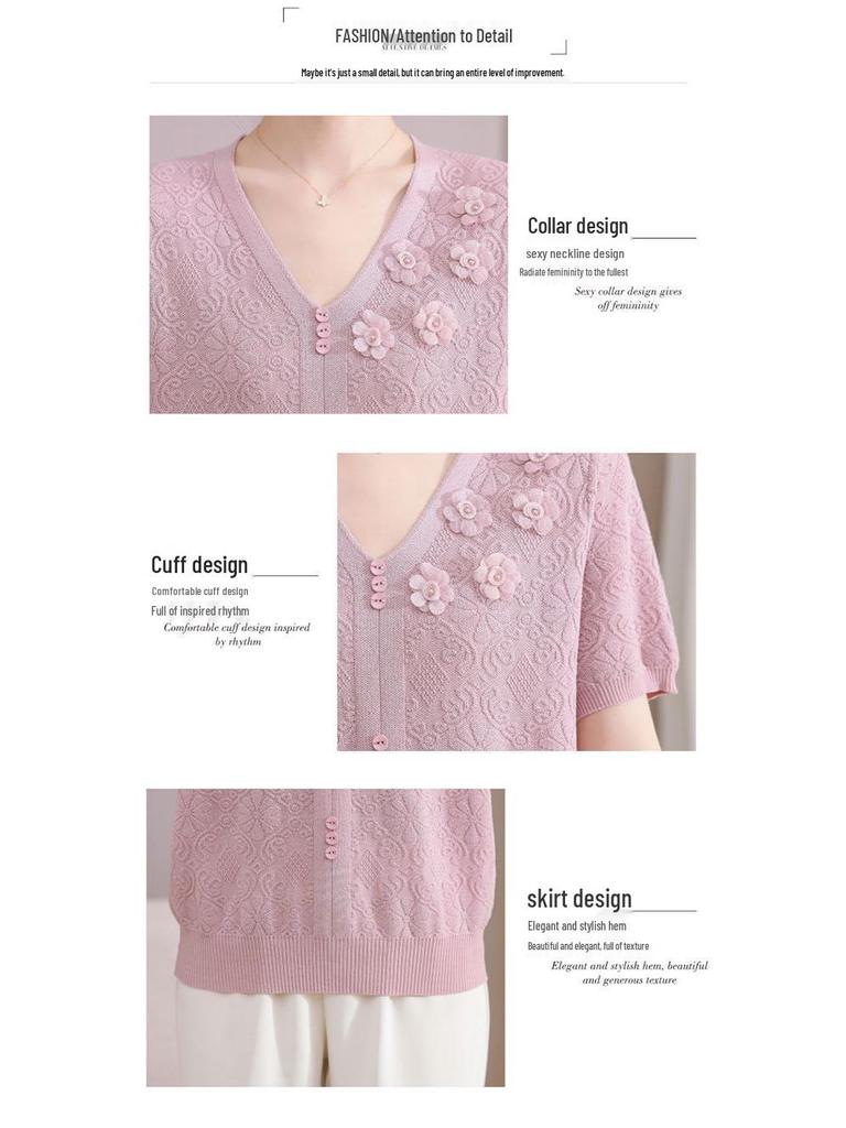 2026 Summer Ice Silk Blouse & T-Shirt Set for Moms and Seniors