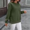 Women's Fashionable Round Neck Long Sleeved Solid Color Button Hem Slit Casual Hoodie Top