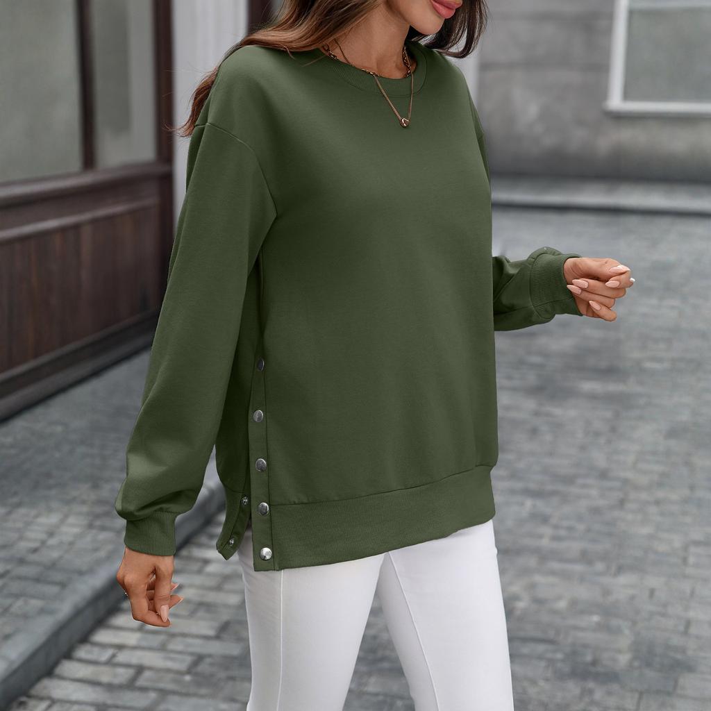 Women's Fashionable Round Neck Long Sleeved Solid Color Button Hem Slit Casual Hoodie Top