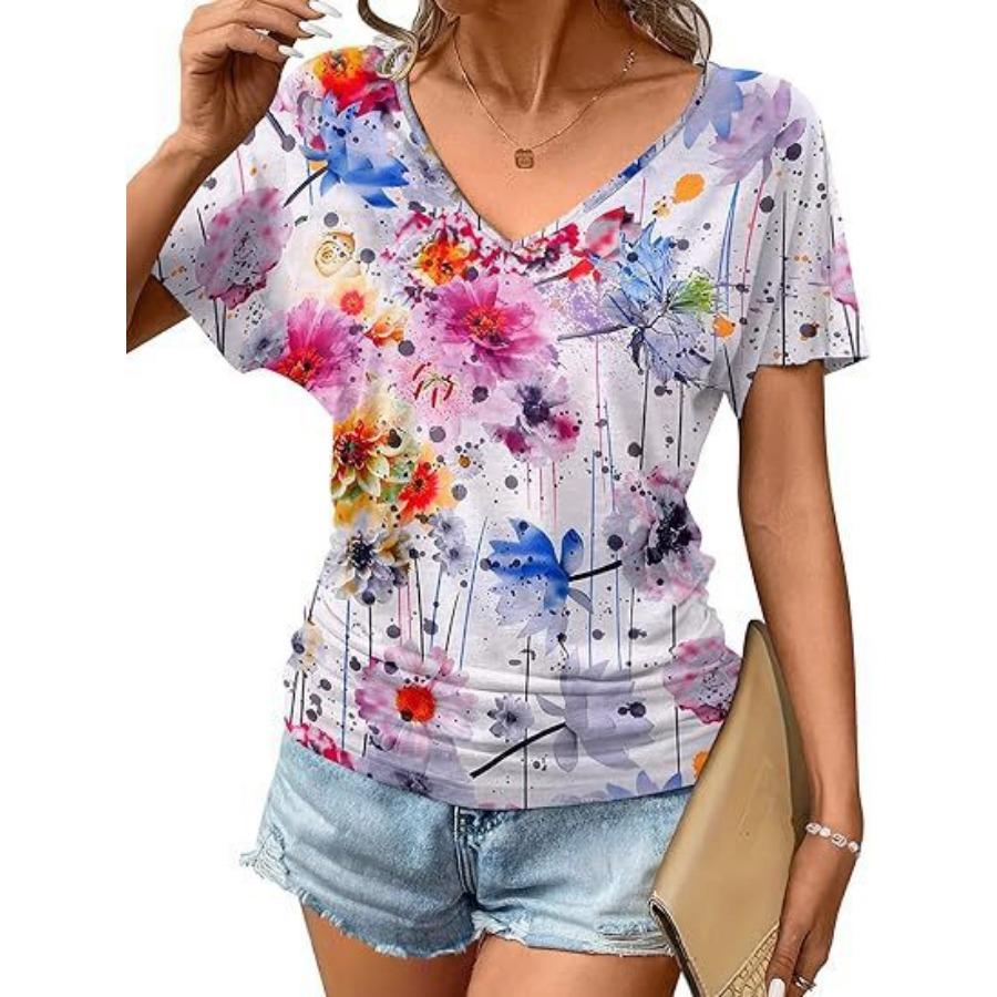 women fashion v neck short sleeve 3d print t shirt summer comfortable sportwear tops