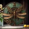 Steampunk Libelle Metall Wandkunst, Vintage Aluminiumschild mit Zahnrädern und floralen Akzenten, Rustikal Bronze und Grün Dekorativ