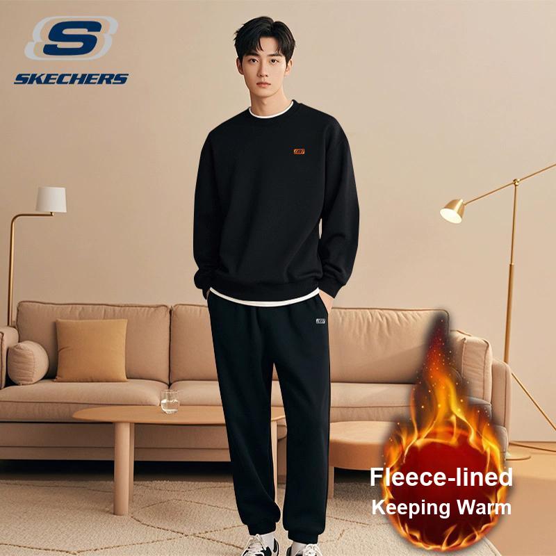 Skechers Solid Color Fleece Loose Round Neck Pullover Sweatshirt And Long Pants Two-Piece Casual Sports Suit L324M157-0018+L324M154-0018