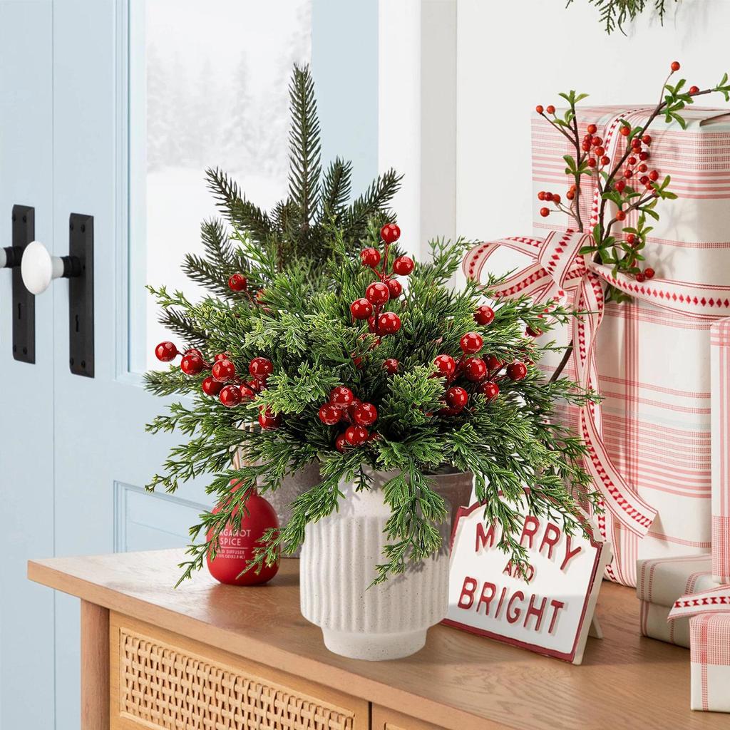2025 Christmas Faux Pine Branches Artificial Christmas Red Berry Pine Stems Holiday Tree Decoration For Indoor Bedroom Office