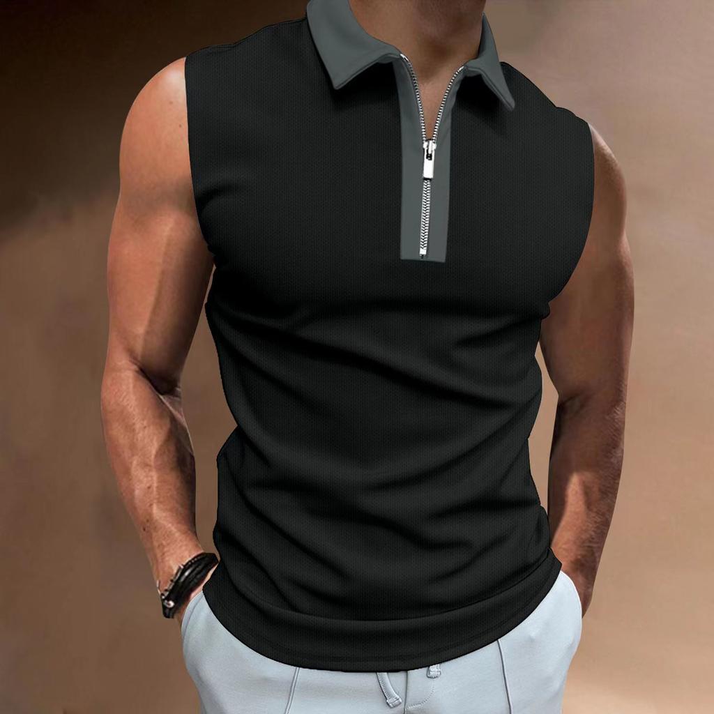 European and American Men's T-shirt 2023 New Color Matching Thin Sleeveless POLO Top Foreign Trade Casual Men