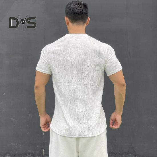 Men Summer Top with 3D Texture Round Neck Short Sleeves Loose Solid Color Muscular Men Sport T-shirt Daily Exercise Shirt