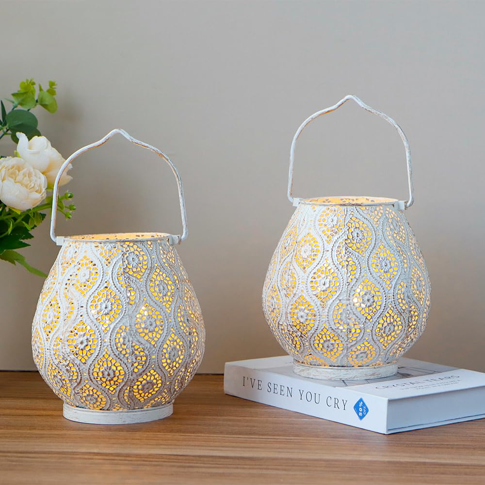 TRIROCKS Moroccan-Style Metal Table Lamps, Set of 2, 18cm Tall, Cordless, with LED Fairy Light Bulbs, Ideal for Home, Living Room, Party, Tabletop,