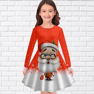Dívka pro volný čas Santa Claus potisk s kulatým výstřihem s dlouhým rukávem Šaty pro dětskou princeznu