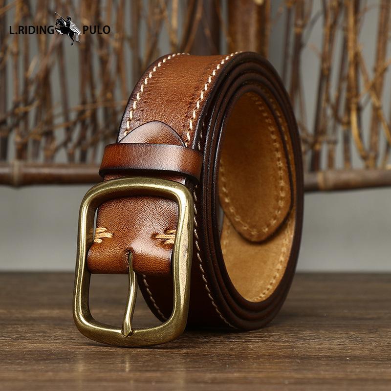 Fashionable Retro Leather Belt for Men Genuine Leather Pure Cowhide Copper Buckle Casual Jeans Belt